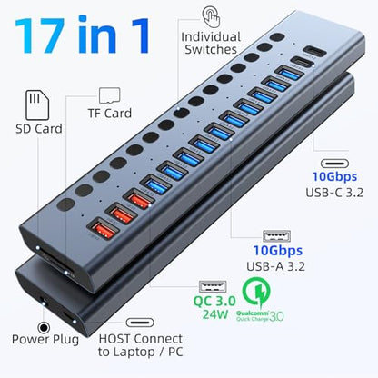 VANGREE Powered USB Hub 10Gbps, 17 Ports USB 3.2 Hub, 96W Power Adapter | 10 USB-A 3.2, 3 QC 24W Fast Charging, 2 USB-C 3.2, SD/TF, 12V/8A Power Adapter for Laptop, PC, Computer, HDD, Flash Drive - color: Gray