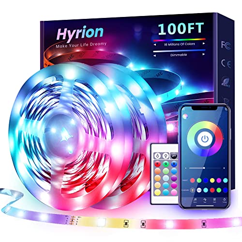 hyrion 100 ft Bluetooth LED Strip Lights,Music Sync Color Changing Lights Strip,5050 RGB Tape Lighting with Remote,Smart Phone App Control for Bedroom,Bar,Room DIY (APP+Remote) | Music Sync Color Changing Lights Strip, 5050 RGB Tape Lighting with Remote,