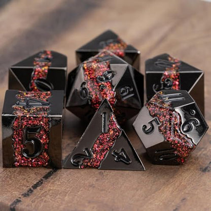 Metal Polyhedral Dice Set, 7PCS RPG Dice with Galaxy Glitter Resin Inlay for Dungeons and Dragons, Pathfinder Tabletop Role Playing Games - color: Black Nickel Red