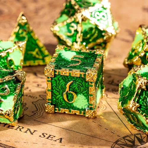 Cusdie 7Pcs Metal Dice with Metal Box, Dagger Design Polyhedral DND Dice Set, for Role Playing Game D&D Dice (Golden Green) - color: Dagger-golden Green