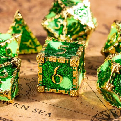 Cusdie 7Pcs Metal Dice with Metal Box, Dagger Design Polyhedral DND Dice Set, for Role Playing Game D&D Dice (Golden Green) - color: Dagger-golden Green