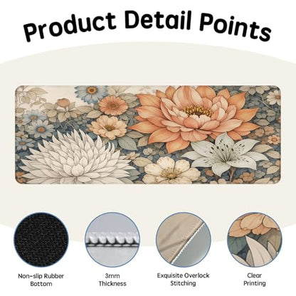 Floral Desk Mat - 31.5x11.8 Inch Japanese Flower Large Mousepad Boho Aesthetic Extended Mouse Pad with Anti-Slip Rubber Base for Computer Mouse Keyboard Home and Office
