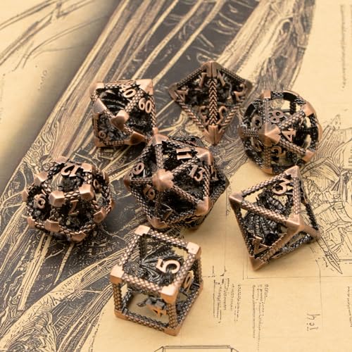 DND Dice Set,3D Hollow Dragon Metal 7-Die,Antique Red Copper | copper construction,68g balanced weight,engraved numbers,gift box and velvet bag for DND RPG play - color: 3d-copper