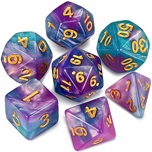 CiaraQ 7pcs Polyhedral Dice Set for Dungeon and Dragons MTG Table Games | Acrylic RPG Dice for D&D with Black Velvet Bag – Purple to Blue Gradient with Glitter – Standard Size – Ages 14+ - color: Lake Blue Mix Purple+glitter