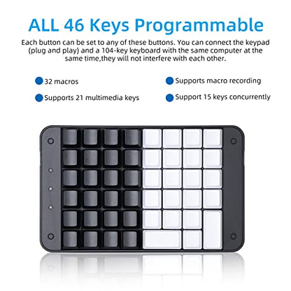 Koolertron One Handed Mechanical Gaming Keyboard with 32 Macro Keys, 46-Key Fully Programmable Mini Keypad, Mini USB Macro Keyboard for PC Gamers