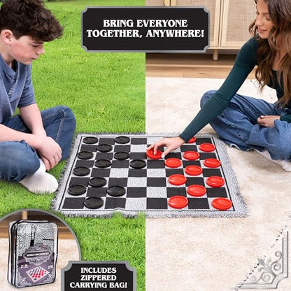 Elbow Room Giant Checkers Set - 3-in-1 with Reversible Mat - Ages 6+ | 28 in Play Surface, 25 Jumbo Pieces, Plastic Construction, Includes Storage Bag, 2 Player Game, 26 x 26 in Board