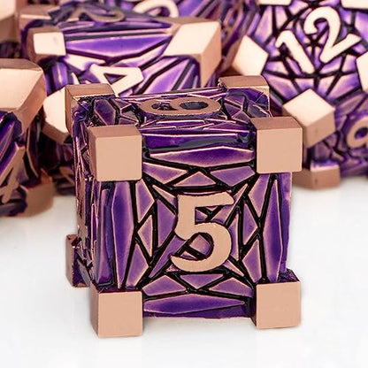7PCS Metal DND Dice Set with Box, Debris RPG Purple D and D Dice for use with D&D Tabletop Games Role Playing Game Polyhedral Dice Set D20 D12 D10 D8 D6 D4 - color: Copper Purple