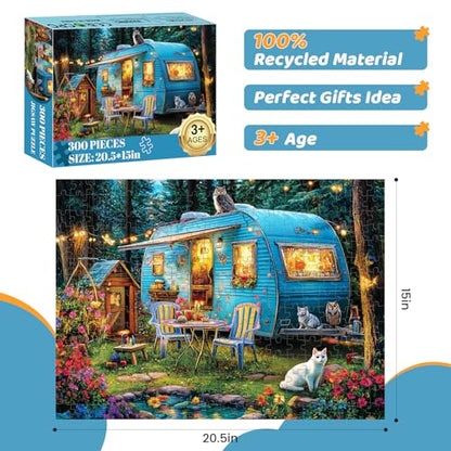 300 Pieces Puzzles for Adults | Camper Cat Jigsaw Puzzles | Large 300 Piece Puzzle for Children Adults Seniors | Sturdy,Safe | Engaging & Educational Toys Great Gift for Boys Girls 20.5 x 15 in - style: Outdoor Camper Cat