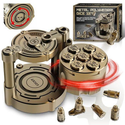 Metal Dice Set, 7 Piece Polyhedral Bullet Dice with Spinning Revolver Cylinder Case, Fidget Toy for Stress Relief, Cyberpunk Style Tabletop RPG Dice, Golden - color: Golden