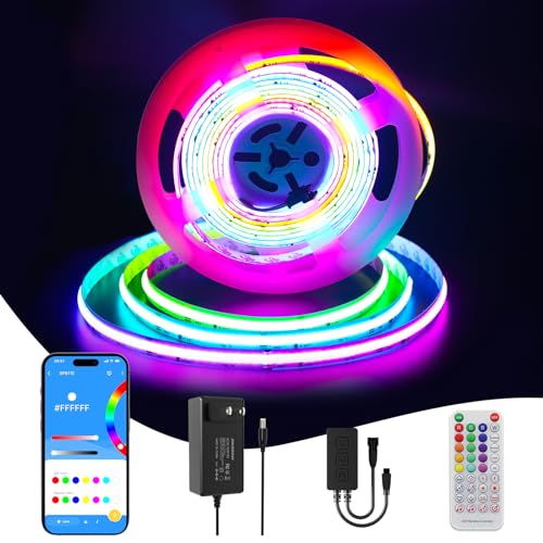 RGB Smart IC COB LED Strip Light 18ft Addressable Chasing Color 12V LED Light Strip Multicolored Flexible RGB Lights Kit with Music Mode for Party, Decoration, Home DIY Lighting Projects - size: 18 ft RGB IC Strip Kit