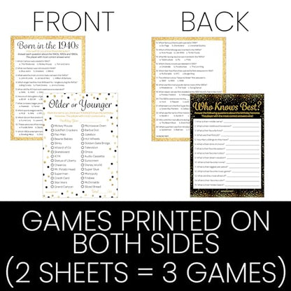 Black and Gold 80th Birthday Games Set, Born in the 1940s, 20 Guests | 5" x 7" Dual-Sided Cards, Who Knows Best, Older or Younger, and 1940s Trivia Games, Answer Keys Included - color: Black Gold