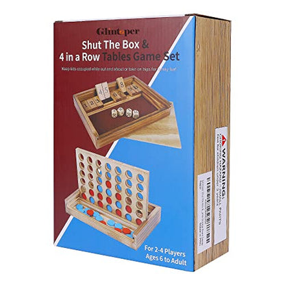 Glintoper Shut The Box & 4 in a Row Tables Game Set, Classic Wood Dice Game with Numbers & Line Up 4 Game for Kids Family, Living Room Rustic Coffee Table Decor, Travel Game Strategy Board Games - style: Shut The Box & 4 in a Row