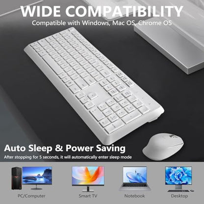 HUO JI Silent Wireless Keyboard and Mouse Combo, Quiet and Soft,Thin, White | 2.4G Full-Size Ergonomic Wireless Computer Keyboard Mouse for Windows, Laptop/PC/PS/Mac Desktop