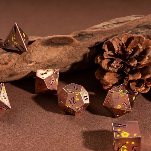 UDIXI Metal DND Dice Set, 7PCS Metal Polyhedral Dice Set Copper for D&D RPG | Yellow Flower, Metal Case Packaging, Heavy Metal Dice, D&D Gift, for Dungeons and Dragons Role Playing Games Tabletop Games - color: Flower/Copperpurple