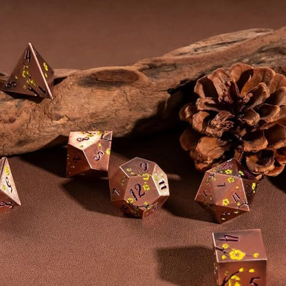 UDIXI Metal DND Dice Set, 7PCS Metal Polyhedral Dice Set Copper for D&D RPG | Yellow Flower, Metal Case Packaging, Heavy Metal Dice, D&D Gift, for Dungeons and Dragons Role Playing Games Tabletop Games - color: Flower/Copperpurple