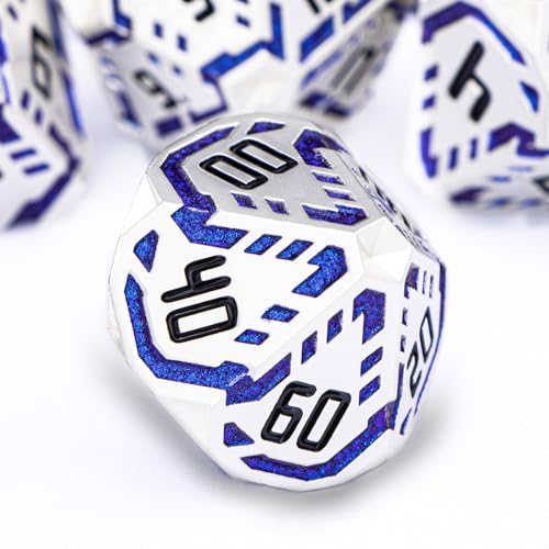 Metal DND Sci-fi Dice Set 7PCS Stripe Polyhedral Dice for Dungeons Dragons RPG Role Playing Game, Glitter D and D Dice with Gift Box D6 D8 D10 D12 D20 (Silver Blue) - color: Silver Blue