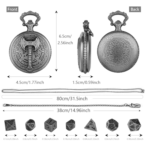 Mini DND Dice Set With Steampunk Barbarian Axe Pocket Watch Shell Case, 7pcs Polyhedral Metal Dice Set, D&D Gifts With Gift Box, Role Playing Board Games Accessories, Dark Silver - color: Dark Silver