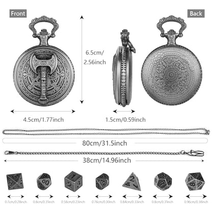Mini DND Dice Set With Steampunk Barbarian Axe Pocket Watch Shell Case, 7pcs Polyhedral Metal Dice Set, D&D Gifts With Gift Box, Role Playing Board Games Accessories, Dark Silver - color: Dark Silver