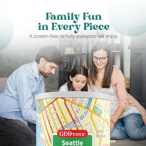 Geotoys Seattle Mini City Puzzle - 100 Piece Puzzles for Kids and Adults in Portable Can, 13" x 10" Educational Travel Puzzle for Ages 7 and Up - Mini Puzzles to Learn & Explore Geography - style: Seattle