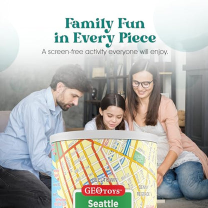 Geotoys Seattle Mini City Puzzle - 100 Piece Puzzles for Kids and Adults in Portable Can, 13" x 10" Educational Travel Puzzle for Ages 7 and Up - Mini Puzzles to Learn & Explore Geography - style: Seattle