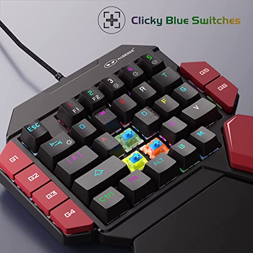 MageGee One Handed Professional Gaming Keyboard, RGB Backlit 35 Keys Mini Wired Mechanical Keyboard with Blue Switch for PC Gamer, Support 6 Macro Keys - Black/Red - color: Black/Blue Switch