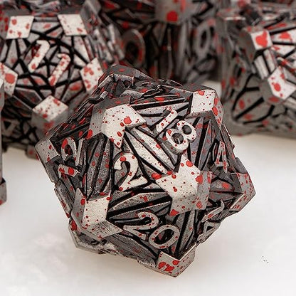 7PCS Metal DND Dice Set with Box, Debris RPG Blood Spatter D and D Dice for use with D&D Tabletop Games Role Playing Game Polyhedral Dice Set D20 D12 D10 D8 D6 D4 - color: Blood Spatter