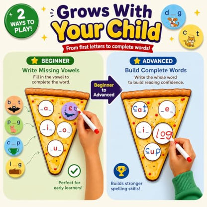 CVC Words on Pepperoni - Learn to Read & Write, Magnetic Phonics Games | Preschool Kindergarten Learning, Write-Wipe Activity, Classroom & Homeschool Supplies, Speech Therapy Ages 3+ - size: CVC Word Game