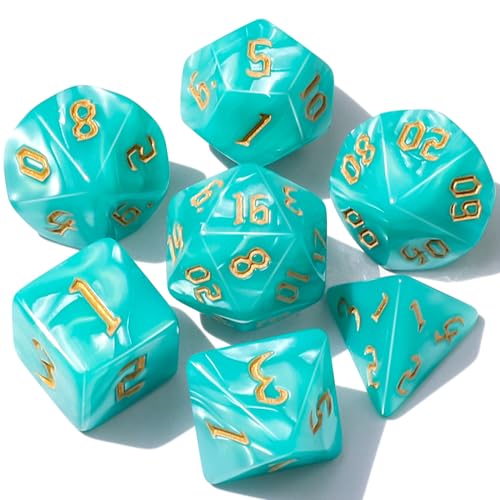 CiaraQ 7pcs Polyhedral Dice Set for Dungeon and Dragons MTG Table Games | Acrylic Role Playing Dice for D&D with Black Velvet Bag – Lake Blue Pearl with Gold Numbers – Standard Size – Ages 14+ - color: Lake Blue Pearl Finish With Gold Numbers