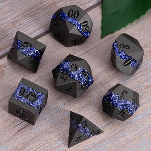 Galaxy Metal Dice Set, 7PCS Polyhedral DND Dice with Glitter Resin Inlay, Heavy Metal RPG Dice for Dungeons and Dragons Tabletop Games - color: Pearl Gun Purple