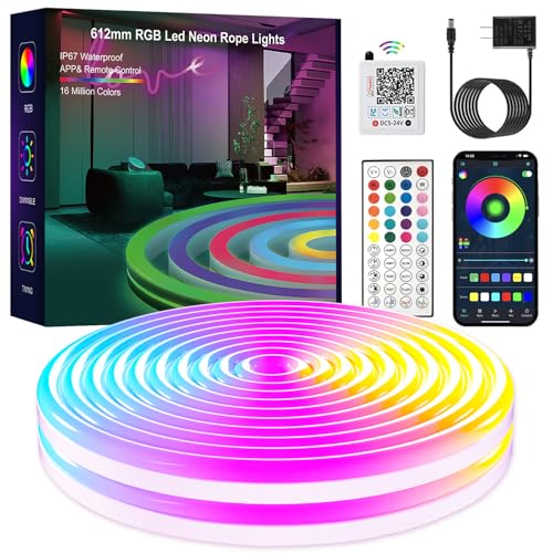 Neon RGB Rope Lights,IP67 Waterproof,Flexible Led Rope Lights,Control with App/Remote,Music Sync,for Gaming Room Living Bedroom Wall Decor (20FT) - size: 20FT