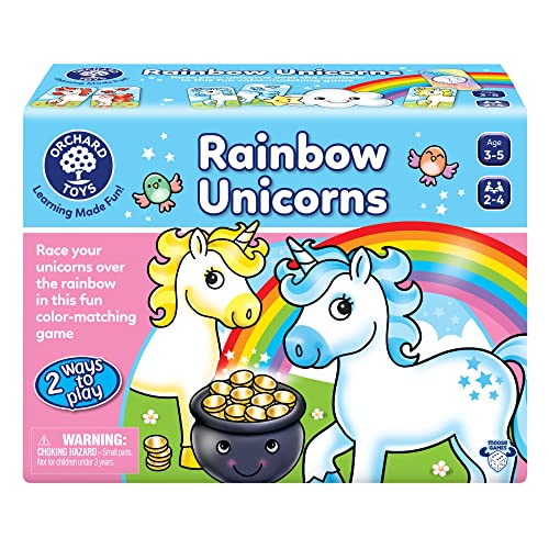 Orchard Toys Moose Games Rainbow Unicorns Game. Race Your Unicorns Over The Rainbow to a Pot of Gold in This Magical, Fun Color-Matching Game! Ages 3+ for 2-4 Players - style: Rainbow Unicorns
