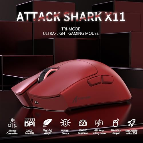 ATTACK SHARK X11 59g Lightweight Wireless Gaming Mouse with RGB Magnetic Charging Dock,PixArt PAW3311,Tri-Mode-BT/2.4G Wireless/Wired Mouse,22000 DPI,5 Programmable Buttons for Pc/Mac(Red) - color: red