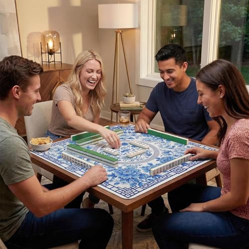 Britimes Mahjong Mat with Black Carrying Bag,31.5"x31.5", Blue Floral | Non-Slip Noise Reduction Gaming Mat Rubber Multi Purpose Game Table Cover for Mahjong Card Dominoes Board Tile Games - color: Blue Flowers Leaves