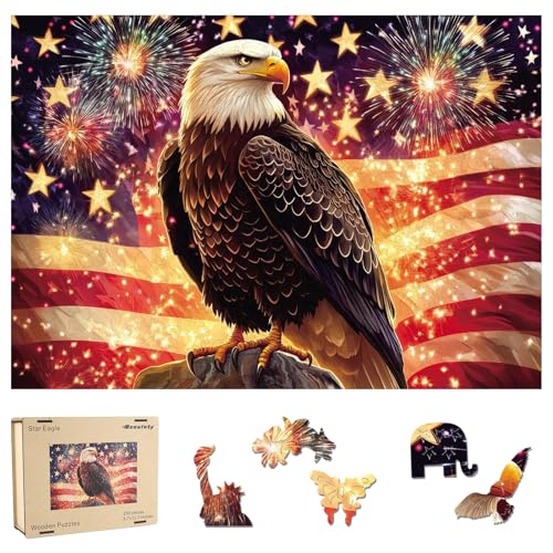 Reouinty Wooden Jigsaw Puzzle for Adults, Eagle Wood Puzzles 12.2x8.6 in | for Patriot 200 Pieces, Beautiful Wall Decor Puzzle with Box, Unique Animal Shape Puzzle Piece, Wood Gifts for Family Game - color: Star Eagle, size: 200pcs