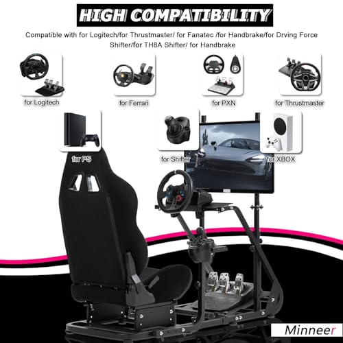 Minneer Racing Simulator Cockpit with Black Seat and Monitor Stand Fit for Logitech G29 G920, for Thrustmaster T248 T300, for Fanatec Reinforced Expandable. Wheel, Pedal, Handbrake Not Included