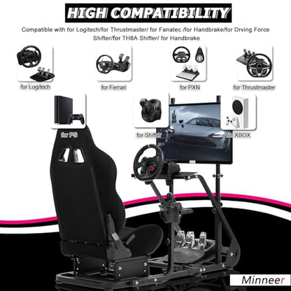 Minneer Racing Simulator Cockpit with Black Seat and Monitor Stand Fit for Logitech G29 G920, for Thrustmaster T248 T300, for Fanatec Reinforced Expandable. Wheel, Pedal, Handbrake Not Included