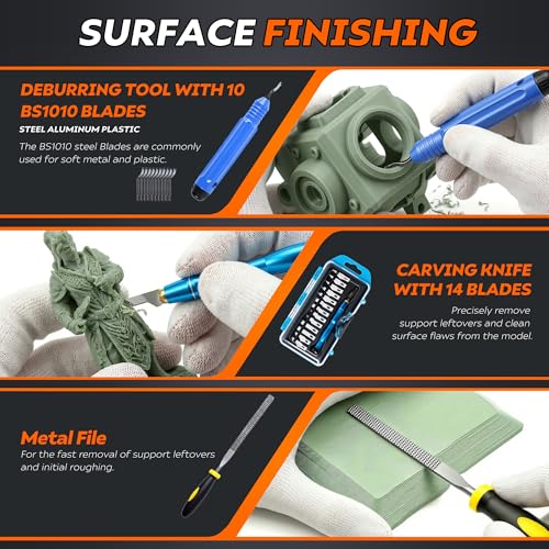 45 Pcs 3D Printer Tool Kit, Cleaning, Finishing, Measuring, Support Removal | Includes Deburring Tool, Digital Caliper, Carving knife, Wire Cutter, Cutting Mat, Brushes, Storage Bag, and more