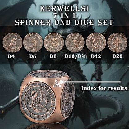 KERWELLSI 7 in 1 DND Dice Set D&D, Polyhedral Metal Spinner Dice, 3D Relief D and D Role Playing Dice with Gift Box (Copper) - color: Copper