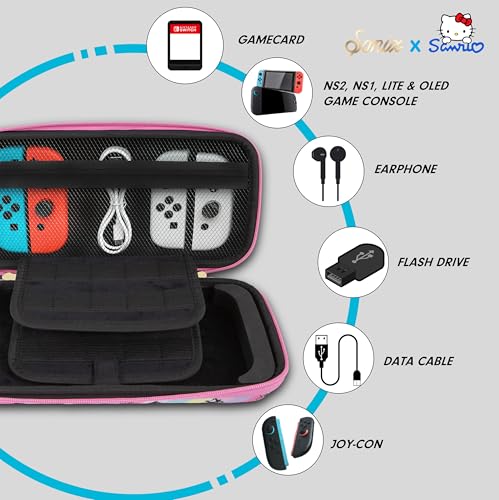 Sonix x Sanrio Carrying Case for Nintendo Switch 2, Switch 1, Lite, OLED, Protective Travel Case with Game Cartridge Storage | Hello Kitty Grid - color: Emokyun