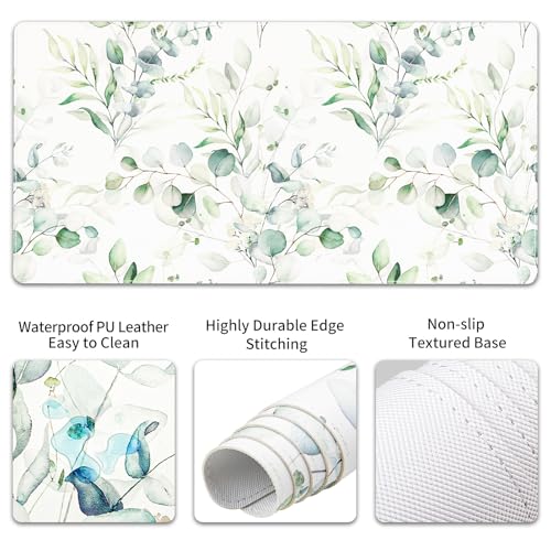 QIYI PU Leather Desk Mat Set, 4-in-1 Ergonomic Wrist Rest, Eucalyptus | Waterproof Large Mouse Pad 31.5×15.7 + Keyboard Wrist Rest + Mouse Wrist Support+Coaster, Non-Slip Office Gaming Accessories - color: Eucalyptus Branches