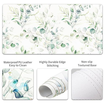 QIYI PU Leather Desk Mat Set, 4-in-1 Ergonomic Wrist Rest, Eucalyptus | Waterproof Large Mouse Pad 31.5×15.7 + Keyboard Wrist Rest + Mouse Wrist Support+Coaster, Non-Slip Office Gaming Accessories - color: Eucalyptus Branches