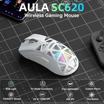 Aula SC620 Wireless Gaming Mouse, Tri-Mode 2.4GHz/USB-C/BT5.3 Computer Mouse with 12000 DPI, Programmable Macro Gamer Mouse with Rapid Fire Key, RGB Light White Gaming Mice for PC/Laptop/Mac - color: White