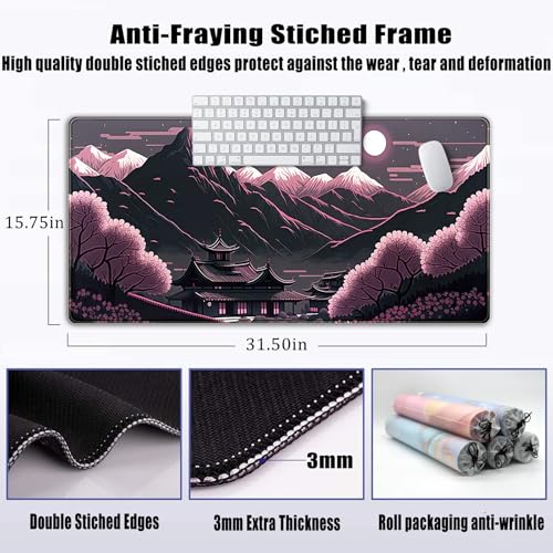 Sakura Blossom Desk Mat Japanese Scenery Mountain Large Mouse Pad XXL Extended Gaming Mousepad Japan Black Pink Aesthetic Desk Pad Keyboard Mouse Mat 31.5''X15.7'' Desk Decor - color: Sakura Blossom