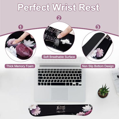 MEGREZ 4-in-1 Mouse Pad with Wrist Rest Ergonomic Memory Foam Desk Mat Set | ergonomic, anti-slip base, 4pcs set, desk pad, mouse wrist rest, keyboard rest, coaster, ideal for office & gaming - color: Black Nothing