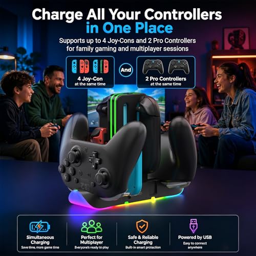 Charging Dock for Nintendo Switch 2 Controllers, RGB 6-in-1 Charging Station for Joy-Cons & Pro Controllers, Gaming Controller Organizer Stand Compatible with Switch 2/OLED/Switch - color: Grey