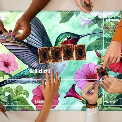 MTG Playmat with Zones, TCG Card Game Play Mat with Stitched Edges, Non-Slip Rubber Base Gaming Desk Mat, Smooth Surface 24 x 14 Inch, Hummingbird Flowers - color: Hummingbird Flowers, size: Zone 1