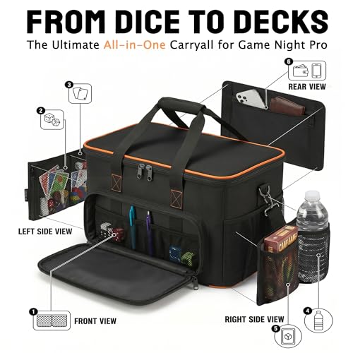 Board Game Bag with Multi-Pockets – Convertible Tote & Shoulder Carry, Includes 5 Elastic Box Bands, 20.5 x 12.6 x 12.6 Inches, for Game Night, Travel & Storage for Gamers (Black) - color: Black