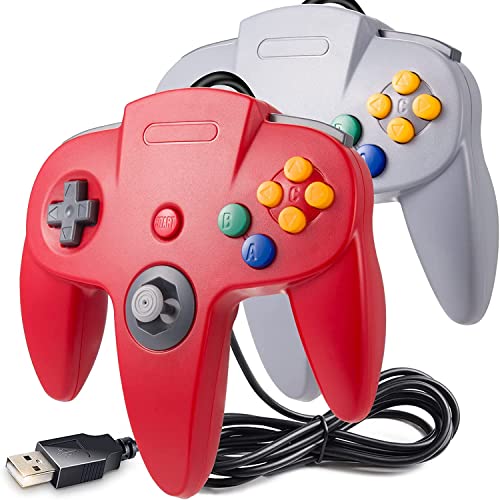 2 Pack Classic N64 Controller, miadore N64 Wired USB PC Game pad Joystick, N64 Bit USB Wired Game Stick Joy pad Controller for Windows PC MAC Linux Raspberry Pi 3 Sega Genesis (Gray/Red) - color: Gray/Red