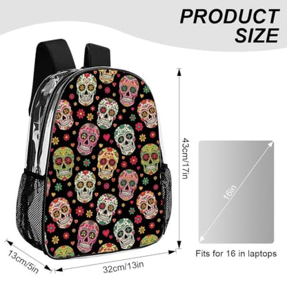 Stadium Approved Clear PVC Backpack Reinforced Straps | Heavy Duty, Day Of The Dead Sugar Skulls, See Through Daypack - color: Pattern (840)