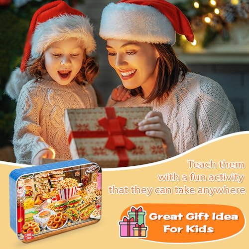 LELEMON Puzzles for Kids Ages 4-6,Hamburger Foods 100 Piece Puzzles for Kids Ages 4-8 in a Metal Box, Educational Jigsaw Puzzles 100 Piece Puzzle Games Puzzle Toys for Girls and Boys - color: Hamburger Foods